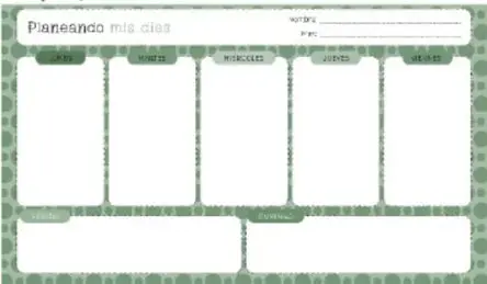 «Mi planificador semanal»: pizarra con título «Planeando mis días», casilla de nombre, cinco columnas para los días de la semana (lunes a viernes) y dos espacios inferiores para recordatorios, con borde decorado.