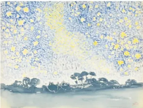 Reproducción de *Paisaje con estrellas* (ca. 1905-1908), de Henri-Edmond Cross: paisaje con cielo punteado de estrellas amarillas.