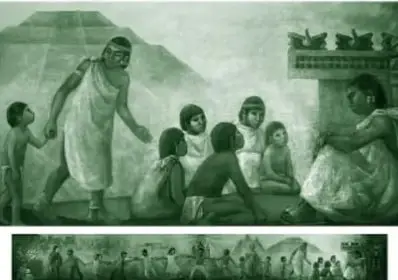 Fragmento de mural (en tonos verdes en la reproducción del libro): cinco niños sentados en semicírculo miran a un adulto sentado; otro hombre se acerca con un niño de la mano; todos con túnicas; al fondo una pirámide y otra construcción. Debajo se ve una franja con más figuras del mural.