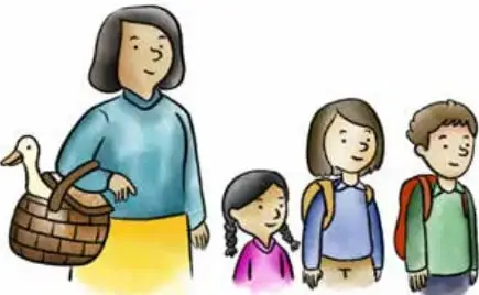 Ilustración de una mujer con un canasto y un pato junto a tres niños y niñas, personajes de una obra dramática.