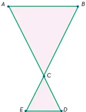 Figura de dos triángulos semejantes ∆ABC (arriba) y ∆CDE (abajo) que se tocan en el vértice C formando una 'hora de arena', con A, B en la base superior y E, D en la base inferior; se indica que AB ∥ DE.