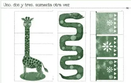 Tarjetas del material con la leyenda 'Uno, dos y tres, aumenta otra vez': una jirafa, una serpiente segmentada en piezas y tres piezas de papel picado con motivos florales.