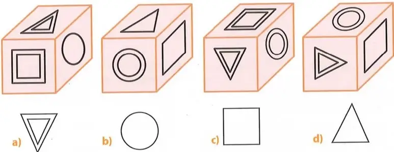 Tres representaciones de cubos armados y cuatro vistas de un cubo con símbolos geométricos.