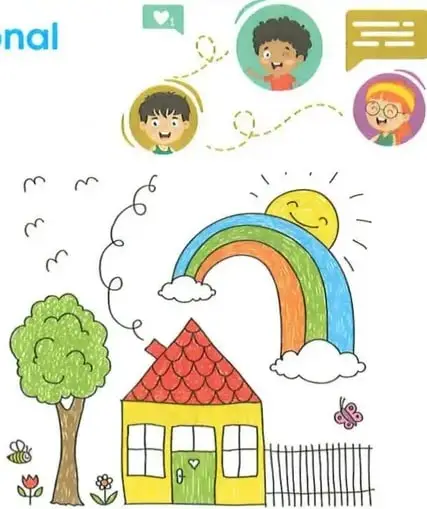 Ilustración de una casa colorida con techo rojo, un arcoíris, un árbol, flores, una mariposa, un caracol y otros elementos de la naturaleza.