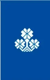 Logotipo decorativo con forma de flores o símbolos geométricos en blanco sobre fondo azul.