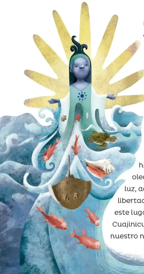 Ilustración de Yemayá, figura femenina de piel azulada con corona de rayos dorados, rodeada de olas, peces, tortuga, caracola y una mantarraya.