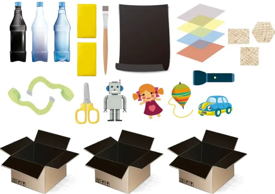 Ilustración de los materiales por pequeña comunidad: tres botellas de plástico (una negra y dos transparentes), papel amarillo, pincel, lija negra, pliegos de papel de colores, tela, cinta, tijeras, robot, muñeca, trompo, carro, linterna y tres cajas de cartón abiertas.