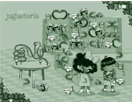 Ilustración en verde titulada 'La juguetería': una estantería llena de juguetes con etiquetas de precios, un juguete de aro con esferas sobre mesa, y dos niñas observando; piezas de rompecabezas decoran el borde.