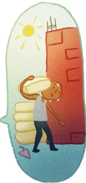 Ilustración dentro de un globo grande: un joven carga un costal de ladrillos junto a una pared roja, bajo el sol, como ejemplo de hazaña o trabajo comunitario.