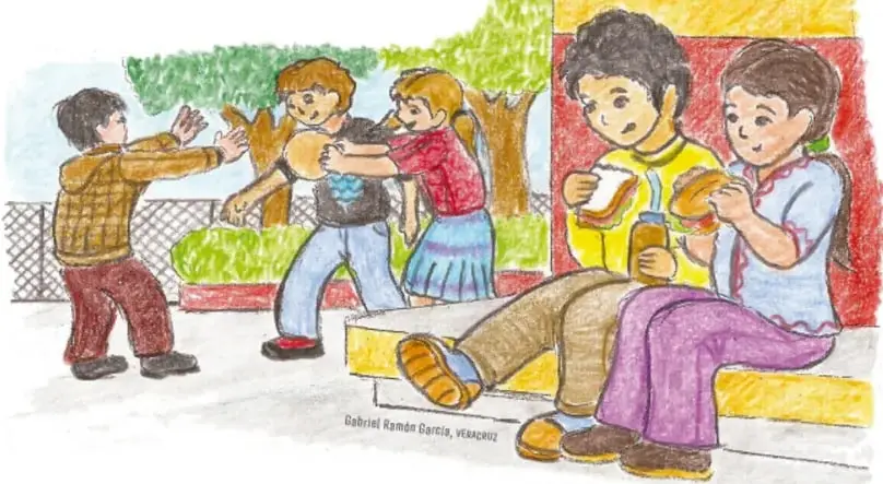 Ilustración de niños y niñas compartiendo alimentos en el patio de la escuela, uno de ellos come un sándwich y otro sostiene una manzana.