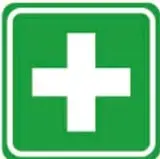 Cuadrado verde con una cruz blanca gruesa al centro, símbolo de primeros auxilios.
