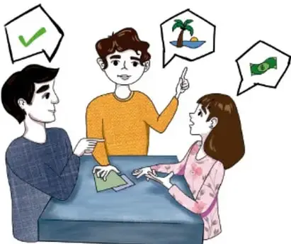 Ilustración de tres estudiantes (dos niños y una niña) sentados alrededor de una mesa, dialogando; uno señala con el dedo y tienen globos de diálogo con un visto verde, una palmera y un billete. Crédito: Angélica Guadalupe Mendia Martínez, Baja California Sur.
