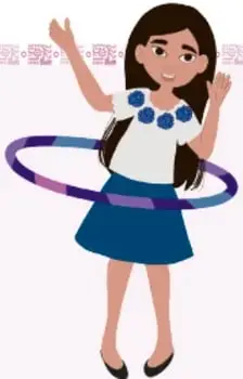 Ilustración de una niña que gira un aro (hula hoop) alrededor de su cintura, ejemplo de giro en el espacio alrededor de un eje vertical. Crédito: Florencia Tun Cuzon, GUINAW 2020.