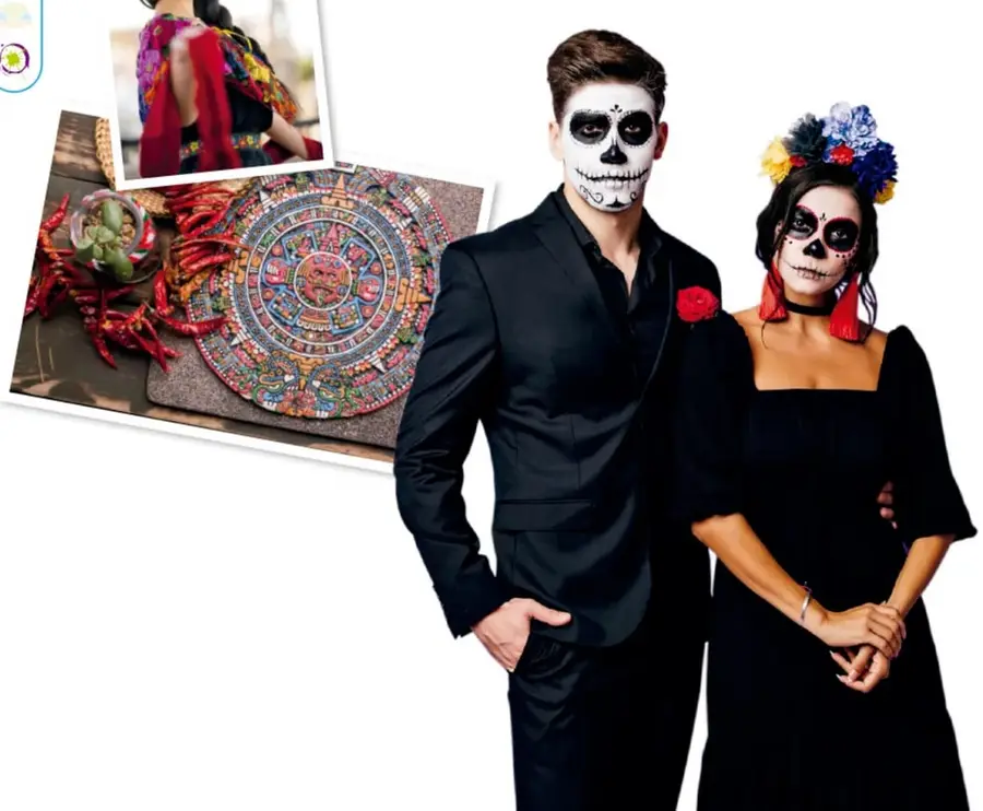 Persona joven con vestimenta tradicional mexicana bordada y flores grandes en el cabello.