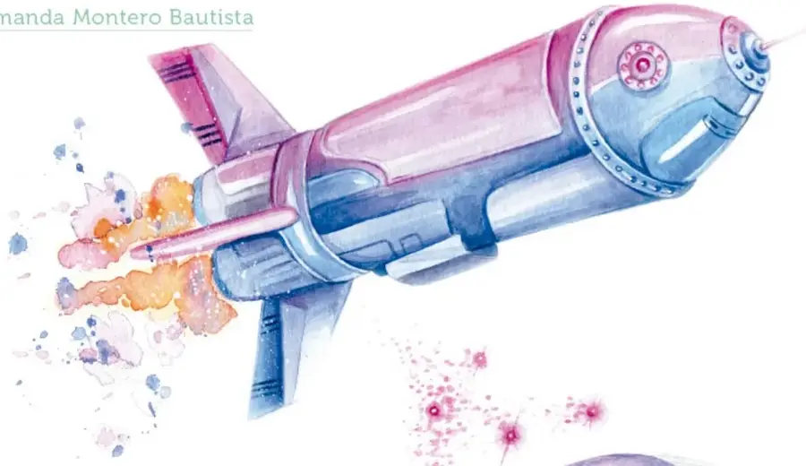 Ilustración en acuarela de una nave espacial rosa y azul que despega con llamas y nubes de colores.