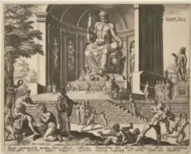 Grabado de Philips Galle (1572) con la reconstrucción de la estatua de Zeus en Olimpia.