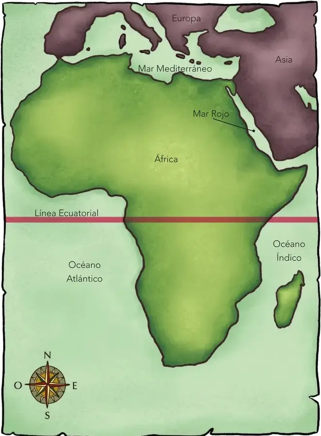Mapa ilustrado a mano del continente africano en color verde claro sobre fondo amarillento; al norte se ven fragmentos de Europa y Asia (en violeta); está rotulado Mar Mediterráneo, Mar Rojo, África, Línea Ecuatorial (banda roja), Océano Atlántico, Océano Índico, y una rosa de los vientos con puntos cardinales N/E/S/O.