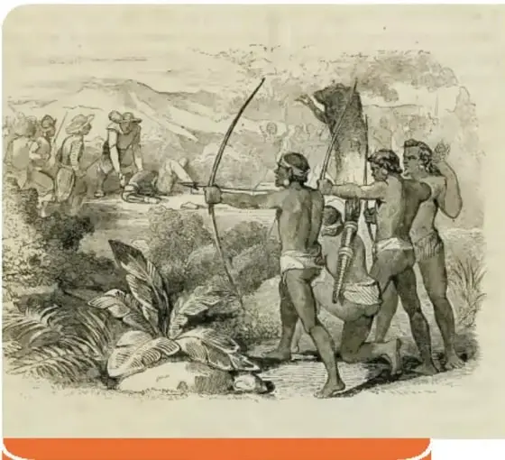 Grabado de J. J. Martínez (1849) que representa el enfrentamiento entre nativos y españoles.