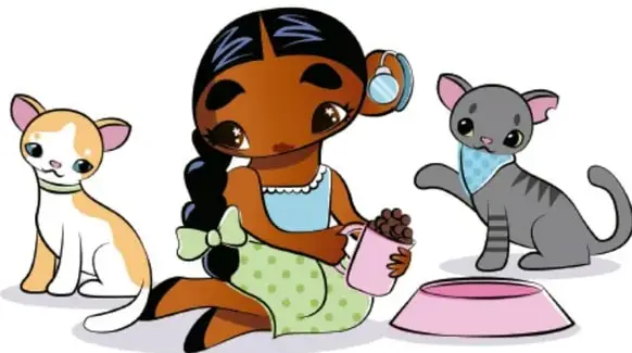 Niña con dos trenzas alimentando con una taza a sus gatos (uno café y blanco con collar verde y otro gris con paliacate azul) junto a un plato rosa.