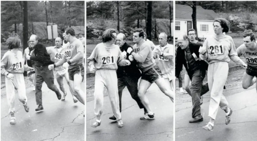 Secuencia de tres fotografías históricas del maratón de Boston de 1967: el juez intenta quitar el número 261 a Kathrine Switzer mientras corre; otros corredores la protegen; ella continúa la carrera con el número 261 visible.