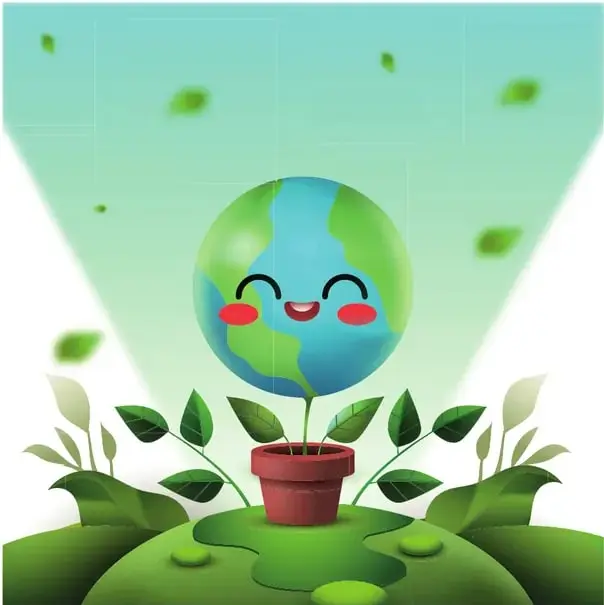 Ilustración del planeta Tierra sonriente saliendo de una maceta con plantas y hojas verdes flotando.