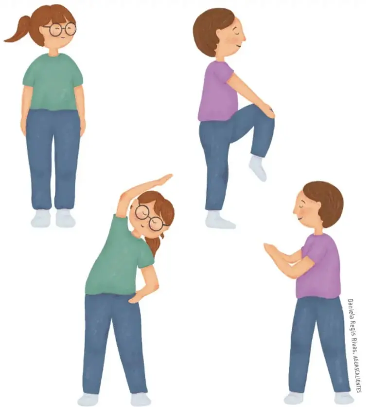 Ilustración de cuatro niños realizando ejercicios de calentamiento: de pie erguido, elevación de rodilla, inclinación lateral del tronco con brazo sobre la cabeza, y estiramiento de brazos al frente.