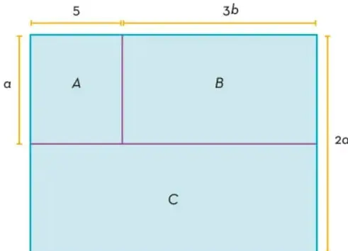 Figura de un terreno rectangular dividido en tres secciones: A (patos), B (borregos) y C (vacas). La base superior se divide en 5 y 3b; la altura izquierda es a y la altura derecha es 2a.