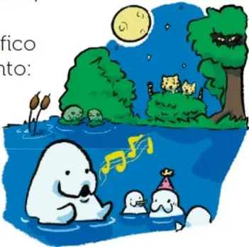 Ilustración del manatí cantando a sus crías bajo la luna llena, junto a árboles de manglar, con notas musicales; crédito a Damián Caballero, Nuevo León.