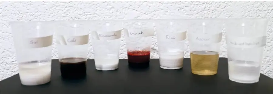 Siete vasos transparentes etiquetados (Sal, Café, Bicarbonato, Colorante, Talco, Azúcar, Agua destilada) con las disoluciones preparadas para la prueba de conductividad.
