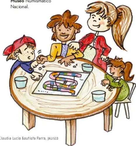 Ilustración de Claudia Lucía Bautista Parra: cuatro niños alrededor de una mesa redonda trabajando con un plano de una pista o laberinto de colores, con vasos sobre la mesa.
