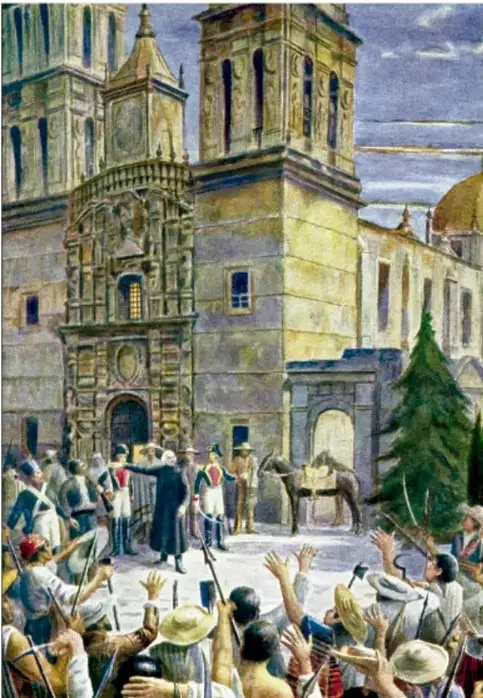 Pintura que representa una escena del movimiento insurgente frente a un edificio religioso, con personas alzando los brazos y un personaje central en actitud de arenga.