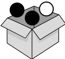 Caja con 2 pelotas negras y 1 blanca.