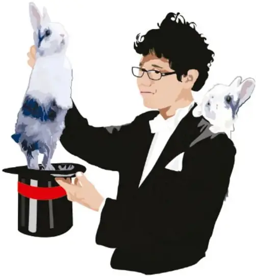 Ilustración del narrador vestido de mago con saco negro y camisa blanca: saca un conejo blanco con manchas azules de su sombrero de copa negro con banda roja, mientras otro conejito blanco se asoma sobre su hombro.