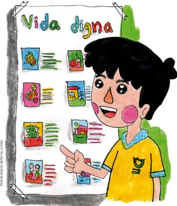 Ilustración de un estudiante de playera amarilla que señala un cartel titulado "Vida digna" con dibujos y listas de acciones de cuidado.