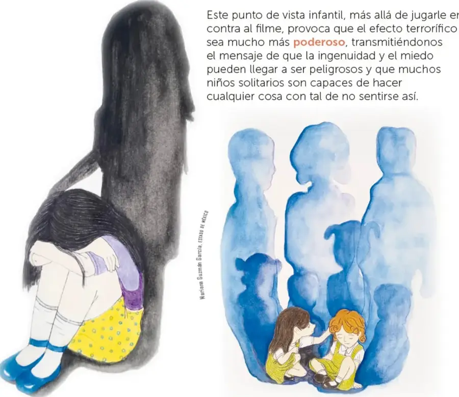 Ilustración de una niña abrazando las rodillas, sentada al pie de una gran sombra negra que la envuelve, representando la soledad.