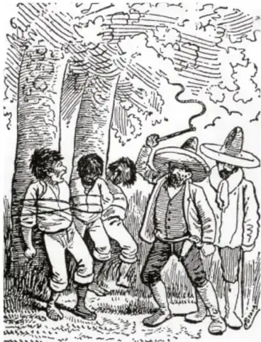 Grabado que muestra a un grupo de personas, algunas con sombrero, en un entorno rural, posiblemente representando la represión o el trabajo forzado.