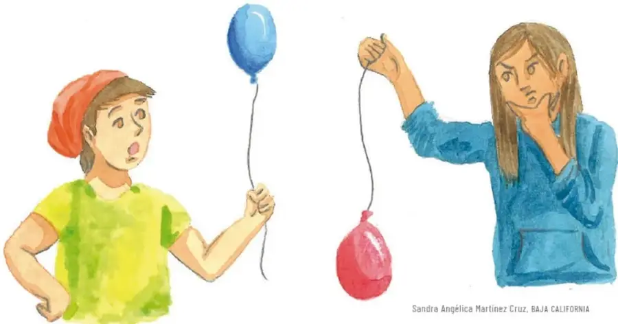 Ilustración de dos estudiantes: uno sostiene un globo azul inflado y otra sostiene un globo rojo desinflado, representando el experimento con globos y botellas.