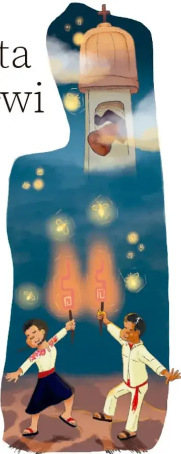 Ilustración nocturna vertical: campanario de iglesia con cruz entre nubes, luciérnagas brillantes y dos niños en ropa tradicional que levantan antorchas encendidas cantando.