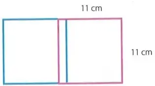 Dos cuadrados de 11 cm superpuestos; la franja común está sombreada.