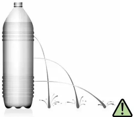 Ilustración de una botella de plástico transparente con tres agujeros a distintas alturas; de cada agujero sale un chorro de agua que cae más lejos cuanto más abajo está el orificio. A la derecha aparece el icono de advertencia con la palabra 'Cuidado'.