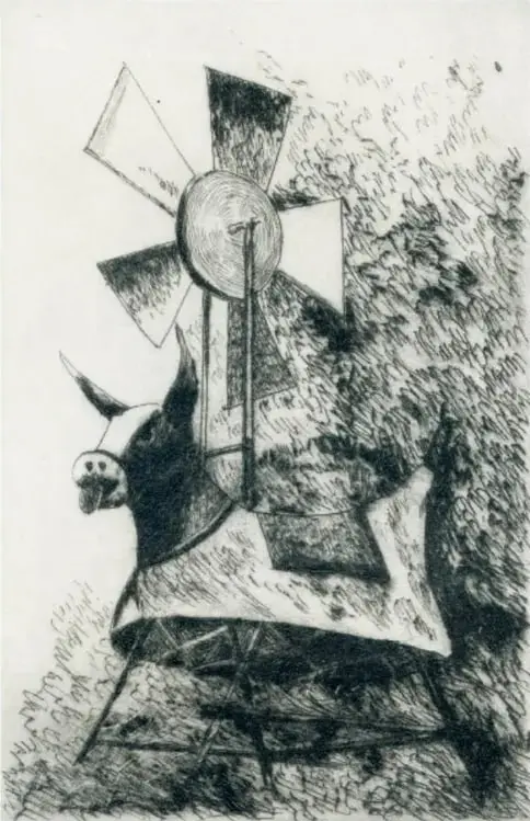 Grabado titulado 'El torito' (1948) de Lola Cueto. Representa un toro y una figura humana junto a un molino de viento.