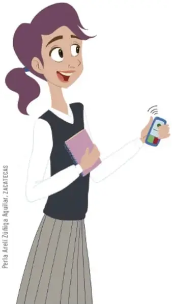 Ilustración de una estudiante con cabello morado, playera blanca, chaleco negro y falda gris, sosteniendo un cuaderno morado y un teléfono celular. Crédito: Perla Ariel Zúñiga Aguilar, ZACATECAS.