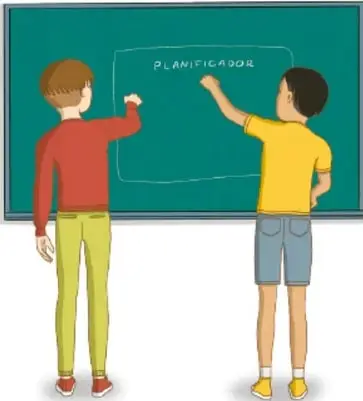 Ilustración de dos estudiantes frente a un pizarrón donde escriben la palabra PLANIFICADOR. Crédito: Nathalia Colmar, CIUDAD DE MÉXICO.