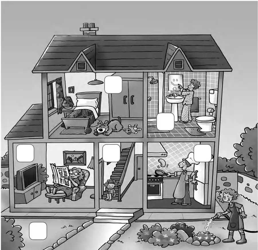 Casa en corte con seis recuadros vacíos: dormitorio con cama y perro, pasillo con puertas y escalera, baño con lavamanos y ducha, sala con sofá y televisor, escalera de entrada, cocina con refrigerador y jardín exterior con una niña regando.