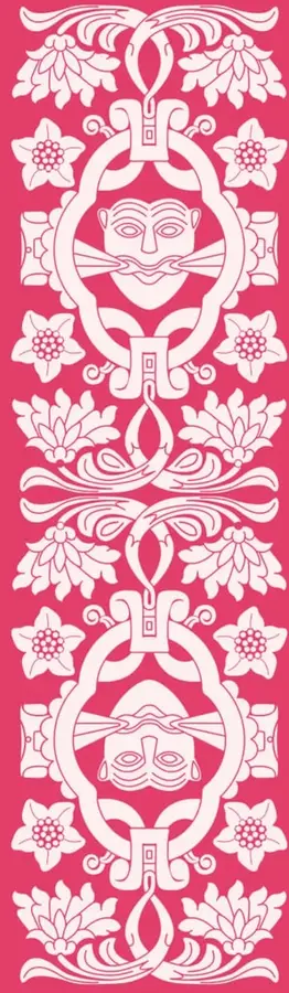 Ilustración decorativa vertical en color rosa con motivos florales y dos rostros humanos estilizados dentro de marcos circulares, de estilo prehispánico.