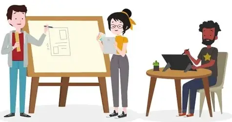 Ilustración de un docente frente a una pizarra con dos estudiantes participando en clase.