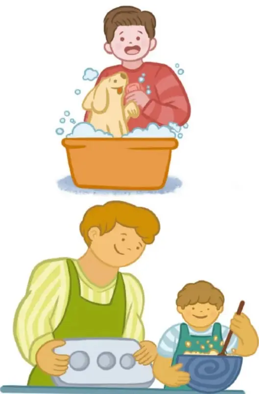 Ilustración de un niño bañando a su perro en una tina, con burbujas de jabón.
