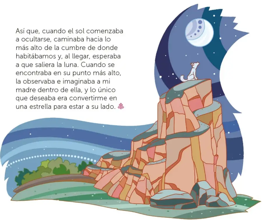 Un pequeño cánido blanco está sentado en la cima de un risco rosado y ocre, mirando hacia una luna con estrellas en un cielo azul nocturno; la escena representa el momento en que el narrador espera y observa la luna.