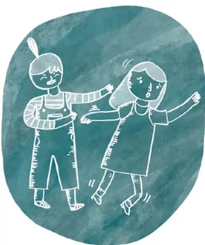 Ilustración de dos niñas jugando o corriendo en un círculo de color verde azulado, una de ellas parece tropezar o alarmarse.