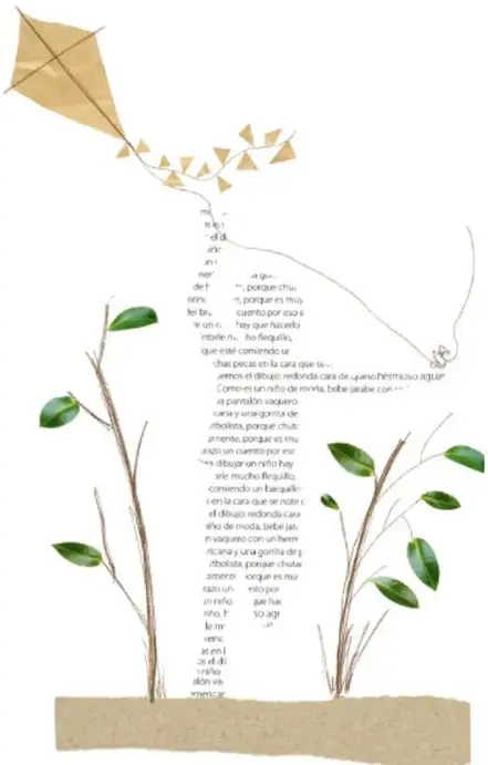 Ilustración de un collage: una cometa de papel con textos, ramitas con hojas verdes y una base de cartón; pie de foto 'Raquel García Aguirre, Ciudad de México'.
